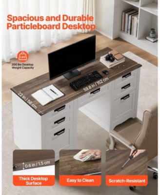 60 in Farmhouse Executive Desk with Charging Station, Office Table with Storage Drawers and Keyboard Tray, Walnut