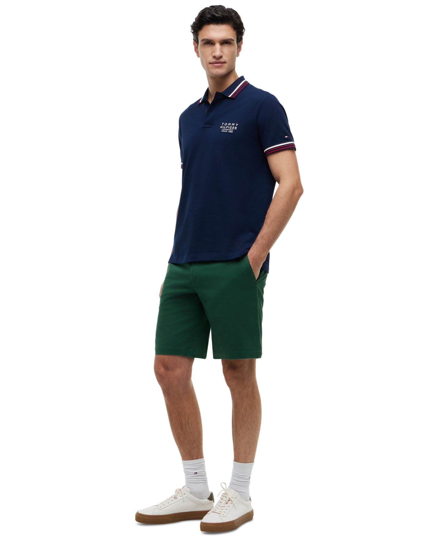 Мужская рубашка Tommy Hilfiger Regular-Fit Red, White, and Blue Collar & Cuff Stripe Polo Shirt, цвет: Карбоновый тёмно-синий — фото 2