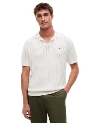 Men's Pointelle Open Knit Johnny Collar Short Sleeve Sweater Polo
