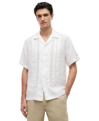 Men's 100% Linen Camp Collar Mesh Structured Short-Sleeve Shirt