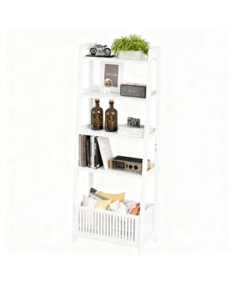 Ladder Shelf 4-Tier Bookshelf with Storage Basket Bamboo Bookcase