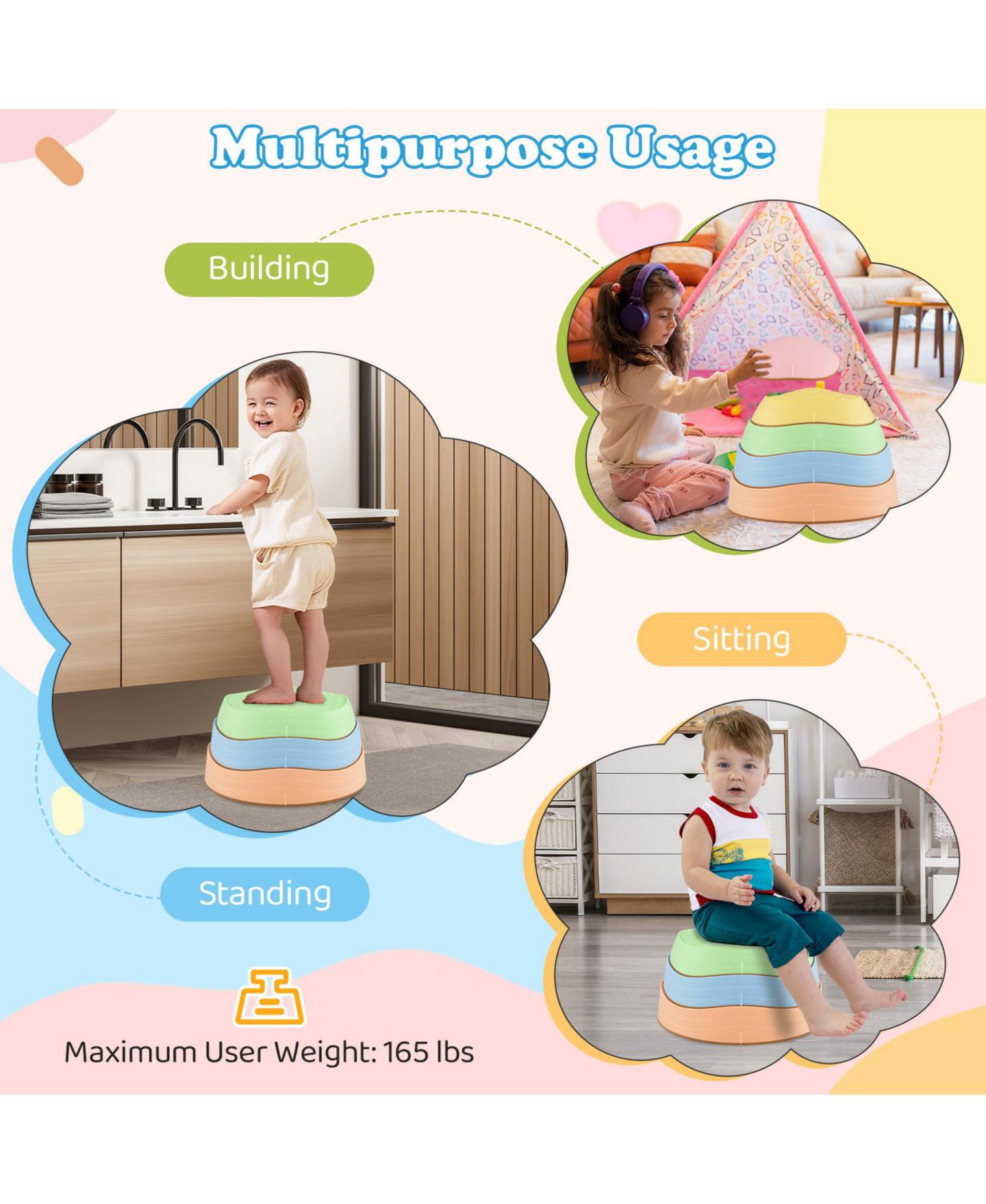 Детские игрушки Slickblue Kids' Non-Slip Indoor/Outdoor Balance Stepping Stones, 5-Piece Set, Ages 3+, цвет: Macaron — фото 7