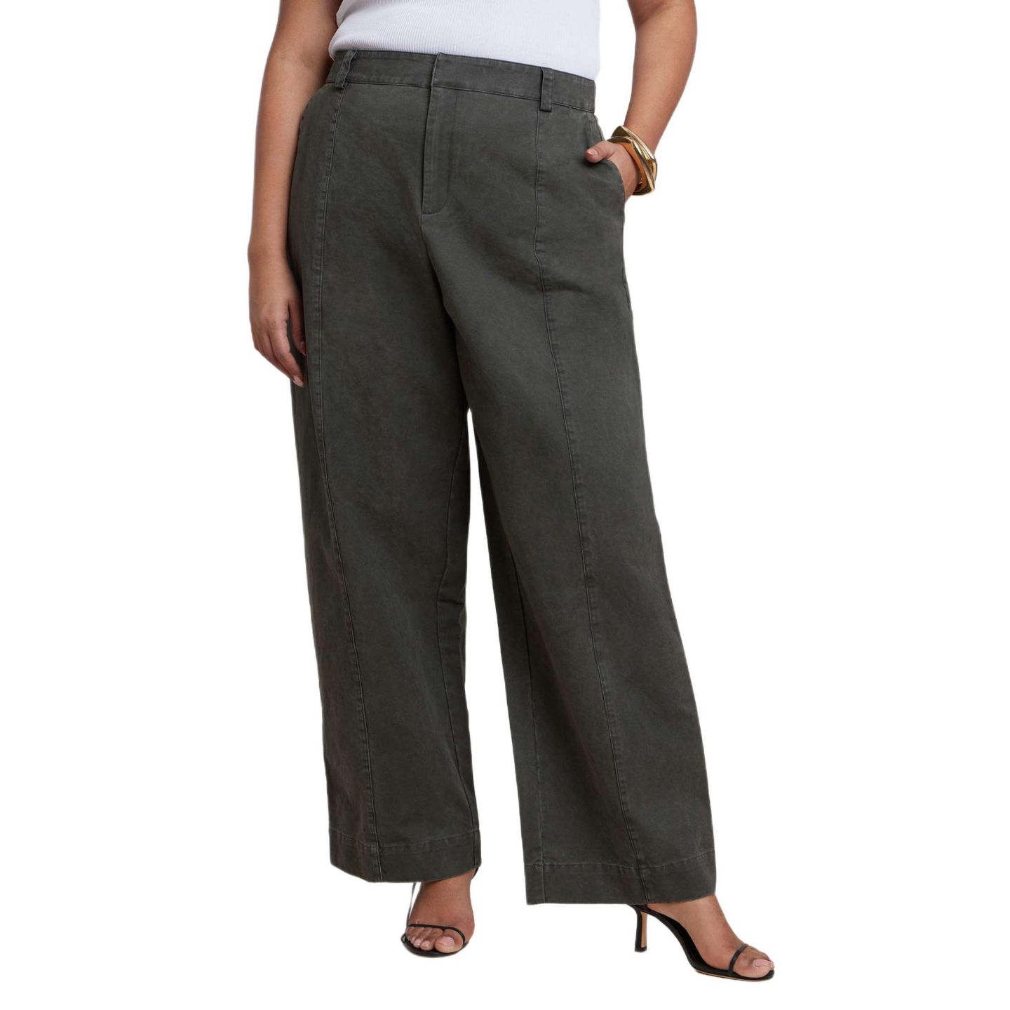 Женские брюки ELOQUII Plus Size Twill Straight Leg, цвет: Оливковый — фото 1