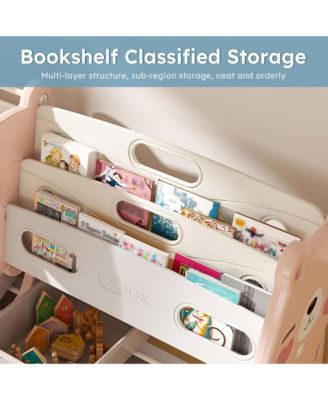 Kids Bookshelf, Toy Storage Organizer with 12 Toy Bins and 2 Tier Display Rack for Playroom, Bedroom, Kids Room and Classroom