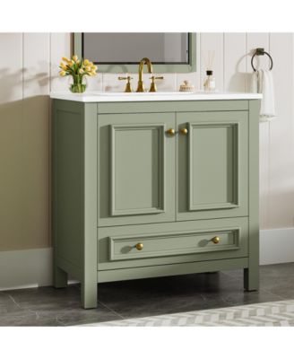 30" Bathroom Vanity with Sink, Freestanding Vanity with Solid Wood Frame, Ceramic Sink, Soft-Close Doors, Drawer & Door Organizer