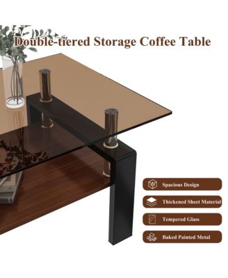 2-Tier Coffee Table, Rectangle Center Table with Tempered Glass Top, MDF Shelf and Metal Legs for Living Room, Home Office