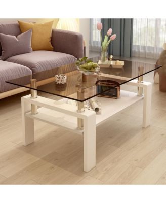 Modern 2-Tier Coffee Table, Rectangle Center Table with Tempered Glass Top, MDF Shelf and Metal Legs for Living Room, Home Office