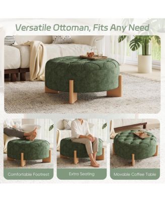 32" Round Tufted Ottoman - Modern Coffee Table with Solid Wood Legs, Tufted Buttons and Piping Lines, Center Table for Living Room