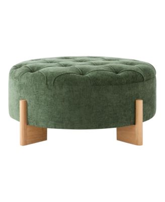 32" Round Tufted Ottoman - Modern Coffee Table with Solid Wood Legs, Tufted Buttons and Piping Lines, Center Table for Living Room