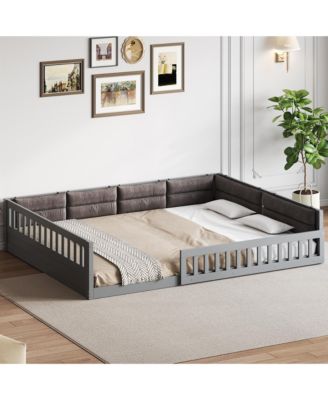 Full Size Wood Upholstered Platform Bed Guardrail Fluffy Pillows Pine Wood MDF