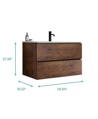 30" Modern Walnut Wall Mount Vanity With Ceramic Sink, Single-Hole Top U-Channel Storage, DTC Silent Close
