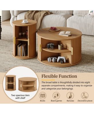 Mid-Century Coffee Table Set, Round Fluted End Table With Storage, Handle, Sliding Tambour Door, Side Table for Living Room