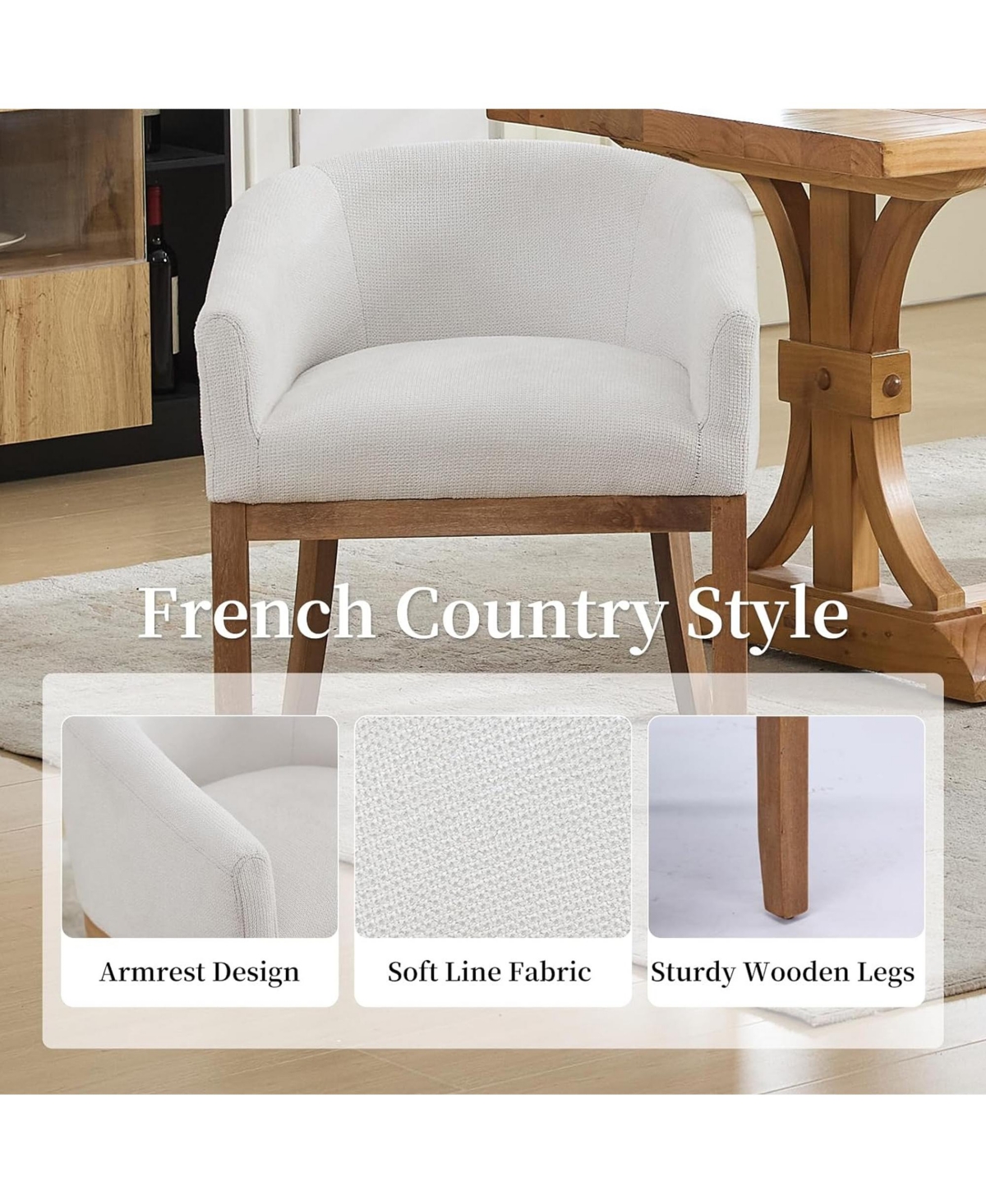 Rainsken Barrel Dining Chair, Linen Upholstered Kitchen Chair with Solid Wood Legs and Arms for Living Room, Dining Room, Set Of 1