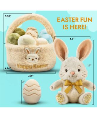 Easter Plush Bunny and Basket with Egg Toy Set, 13" Soft Cuddly Stuffed Bunny Bow and 9.5" Easter Basket with 10pc Plush Eggs