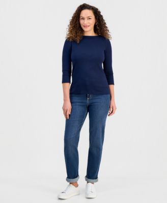 Women's Petite Pima Cotton 3/4-Sleeve Boat-Neck Top