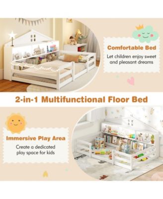 Montessori Floor Bed with Storage Compartments and Shelf