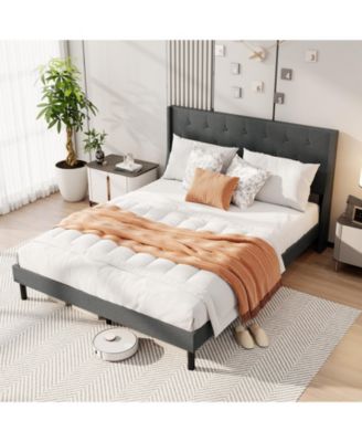 Upholstered Bed Frame with Button Tufted Wingback Headboard and Wooden Slats Support Mattress Foundation