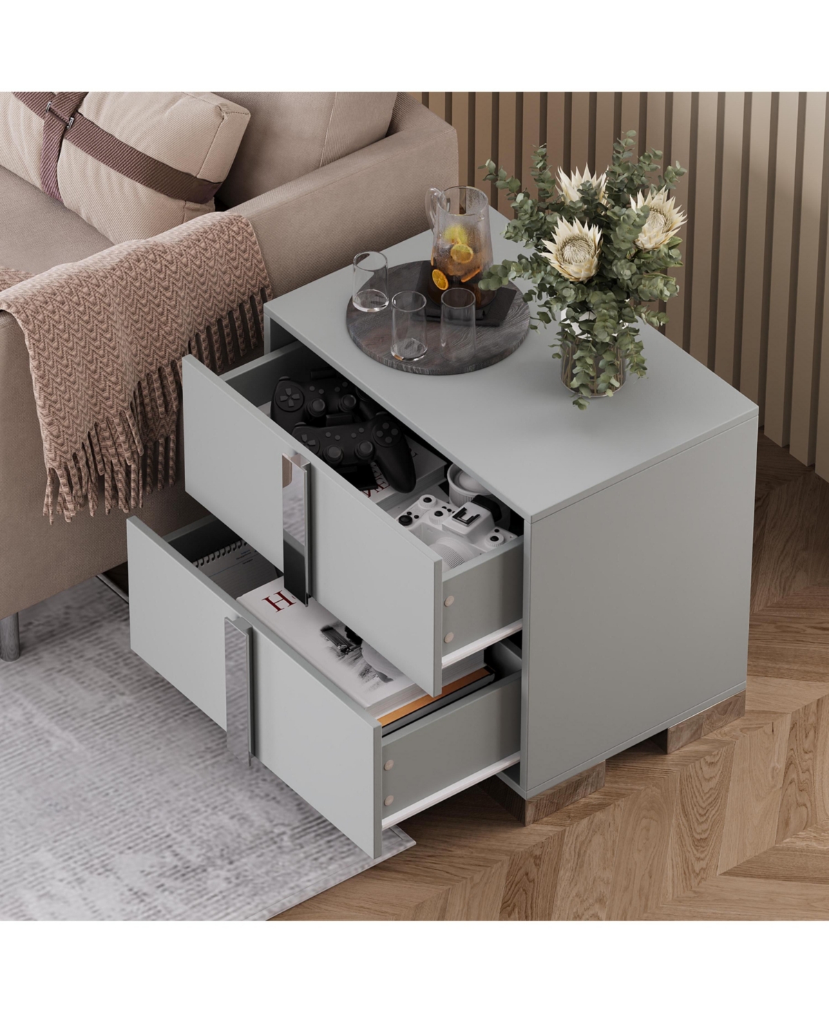 Flynama Elegant Modern Wooden Nightstand with Storage Space Finish Bedside Table for Bedroom Living Room