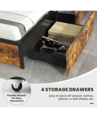 Twin size Bed Frame with LED Lights Upholstered Headboard and 4 Storage Drawers