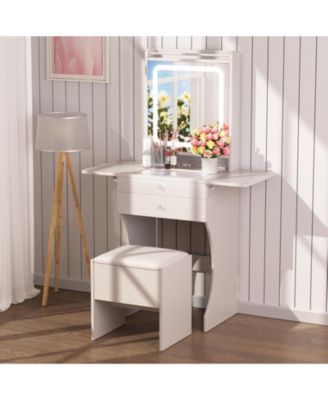 Modern Nightstand with Storage Space and LED Light Glass Top Jewelry Storage Bedside Table