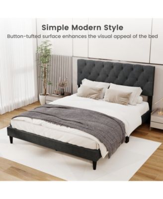 Queen Size Upholstered Platform Bed with Tufted Headboard and Wooden Slats