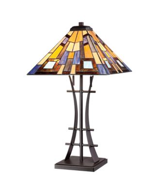 Jewel Tone Mission Style Table Lamp 27" Tall Iron with Tabletop Dimmer Art Glass Shade for Bedroom Living Room Bedside