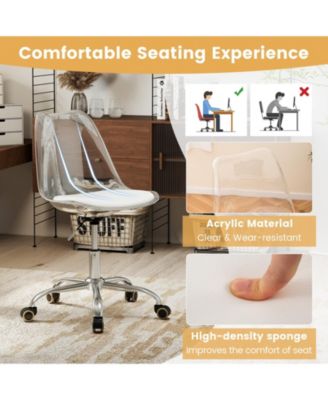 Armless Rolling Office Chair with Swivel Seat and PU Leather Cushion-Clear