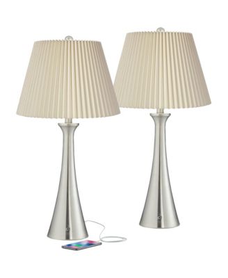 Karl Modern Table Lamps 27 1/2" Tall Set of 2 Brushed Nickel with USB Charging Port Dimmers Ivory Pleat Shade for Bedroom Bedside House