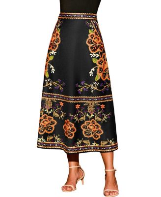 Women's Floral Border Print A-Line Midi Skirt