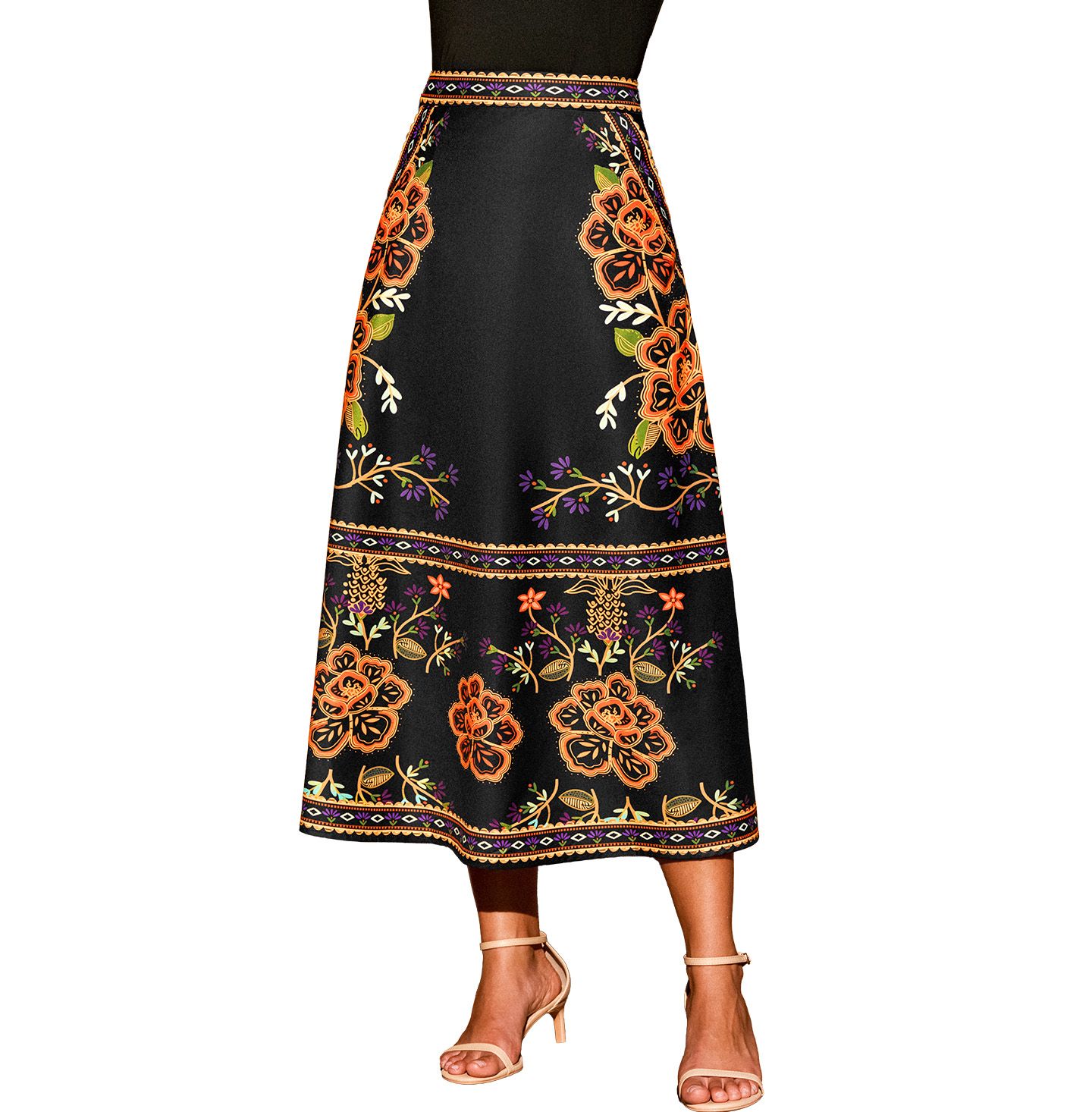 Женская юбка Cupshe Floral Border Print A-Line Midi, цвет: Чёрный — фото 1