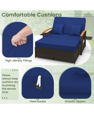 Outdoor Wicker Daybed Patio Loveseat and Storage Ottoman Set w/ Navy Cushions