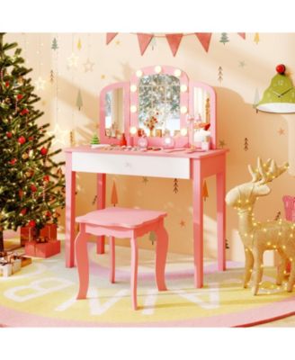 2-in-1 Kids Vanity Table Set with Tri-Folding Detachable Mirror and LED Lights