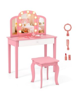 2-in-1 Kids Vanity Table Set with Tri-Folding Detachable Mirror and LED Lights