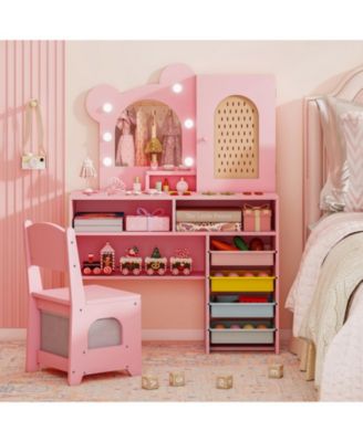 Kids Vanity with Lights and 5 Drawers Bear Design Dressing Table Set