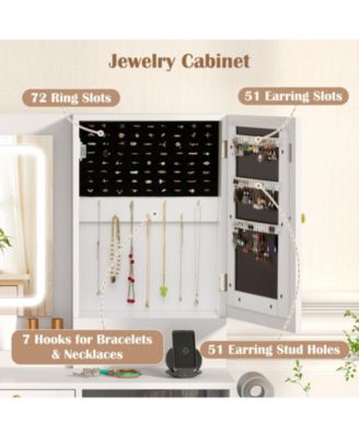 Modern Makeup Vanity Desk with Lighted Mirror Jewelry Cabinet and Stool Set