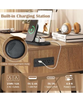 Flip Top Mirror Vanity Desk with Power Outlets and Storage Compartments