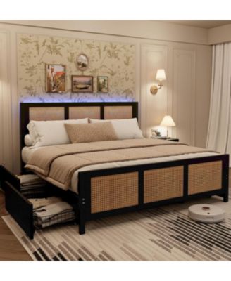Full Rattan Storage Bed- LED Lights 4 Drawers Woven Front MDF Wood Frame