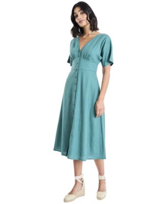 Women's Button-Front V-Neck Midi Dress