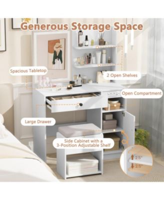 Vanity Desk with Lighted Mirror Storage Cabinet and Cushioned Stool