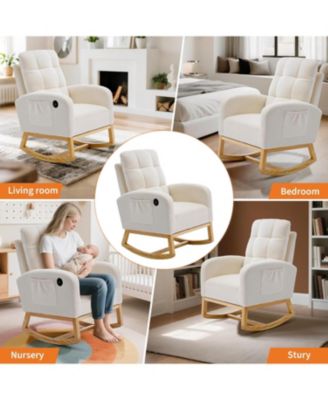 Linen Nursery Rocking Chair with USB Port and Side Pocket