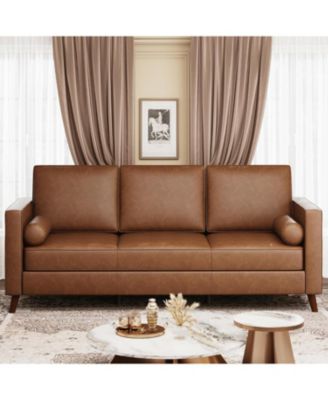 81" Faux Leather Sofa, Mid-Century Modern 3-Seater Couch with Deep Seat and Removable Cover