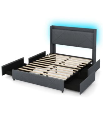 Queen Metal and Wood Bed Frame with LED Lights and Charging Station