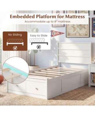 Twin Solid Wood Platform Bed Frame with Storage Drawers and Headboard