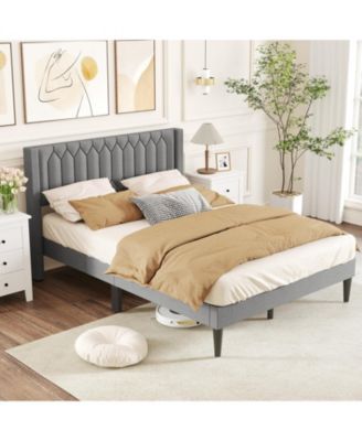 Upholstered Platform Bed with Wingback Headboard and Slats