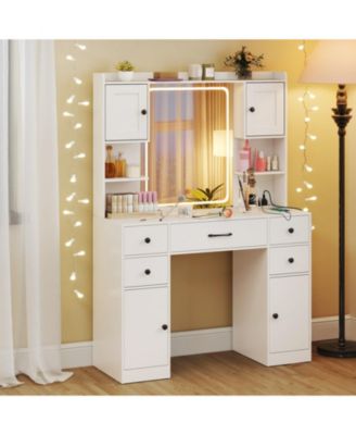 Makeup Vanity Desk with LED Lighted Mirror and Built-In Charging Station