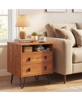 Mid-Century Modern 2-Drawer Nightstand with Open Storage Compartment