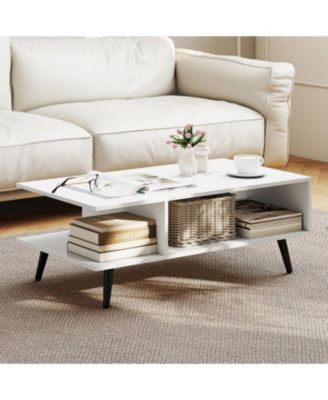 31.5 in Mid-Century Modern 2-Tier Coffee Table with Open Compartments