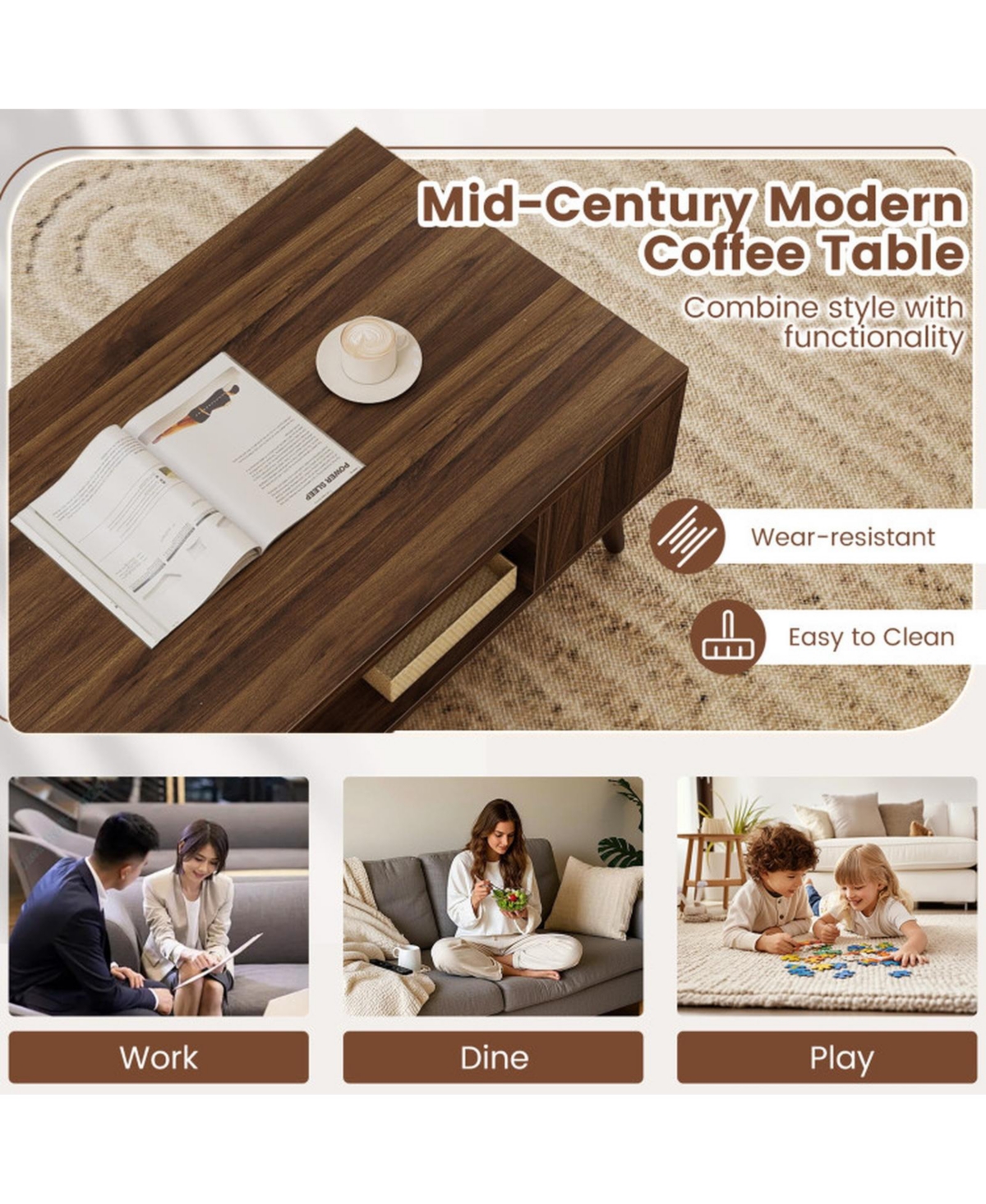 Gouun 42 in Mid-Century Coffee Table with Compartment and Side Shelves