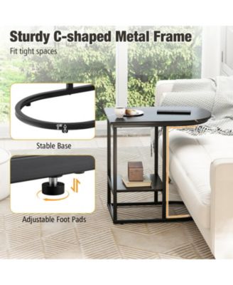 C-Shaped Modern Sofa Side Table with Faux Marble Top and Storage Shelf