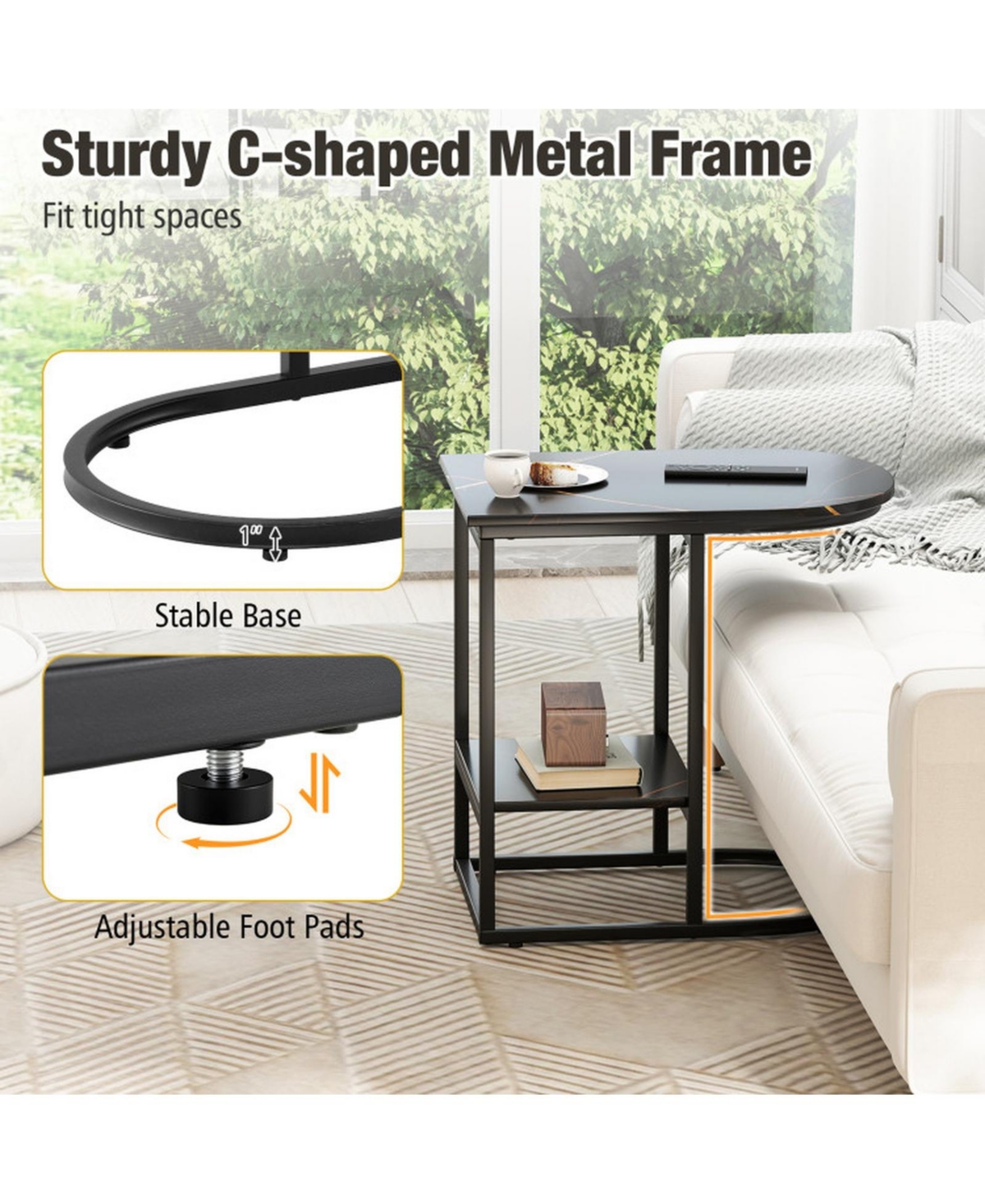 Gouun C-Shaped Modern Sofa Side Table with Faux Marble Top and Storage Shelf